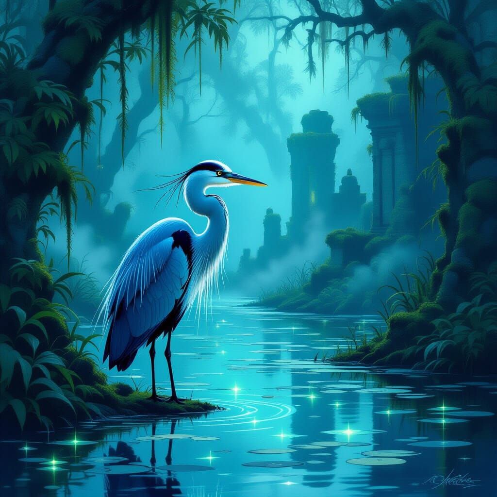 Majestic Heron in Bioluminescent Swamp Ruins