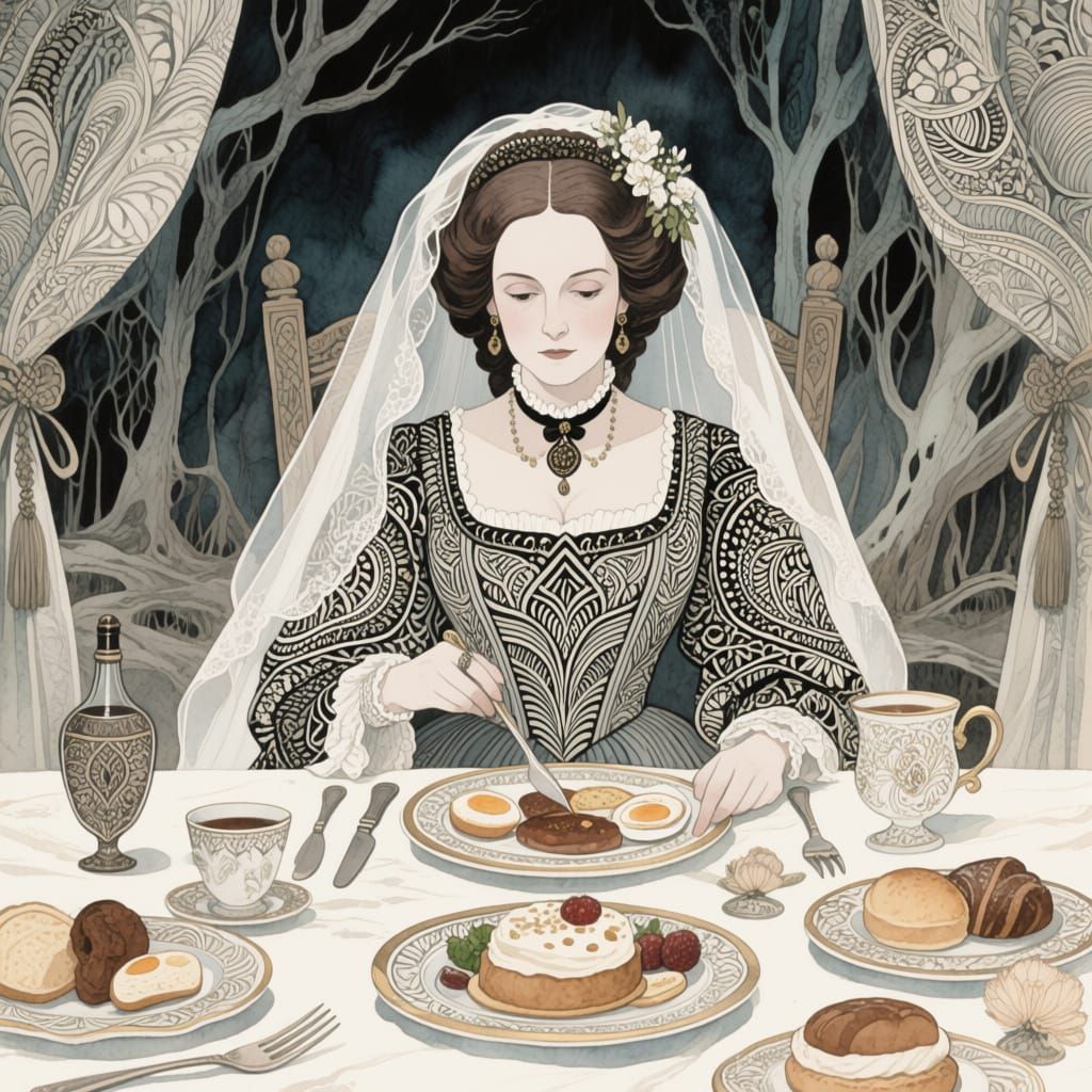 Intricately detailed alcohol ink illustration, Miss Havisham...