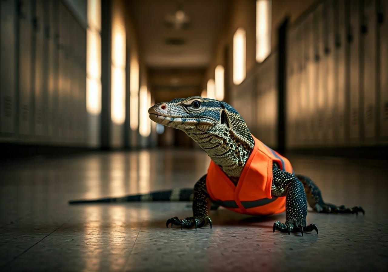 Monitor Lizard in School Hallway, Wildlife Photography Style