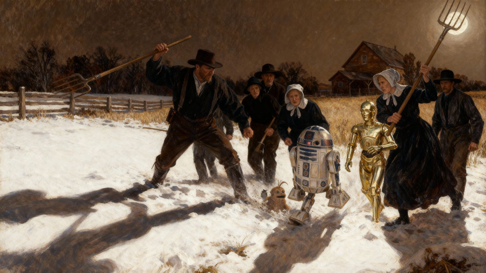 Amish Farmers Wielding Pitchforks Against Star Wars Droids