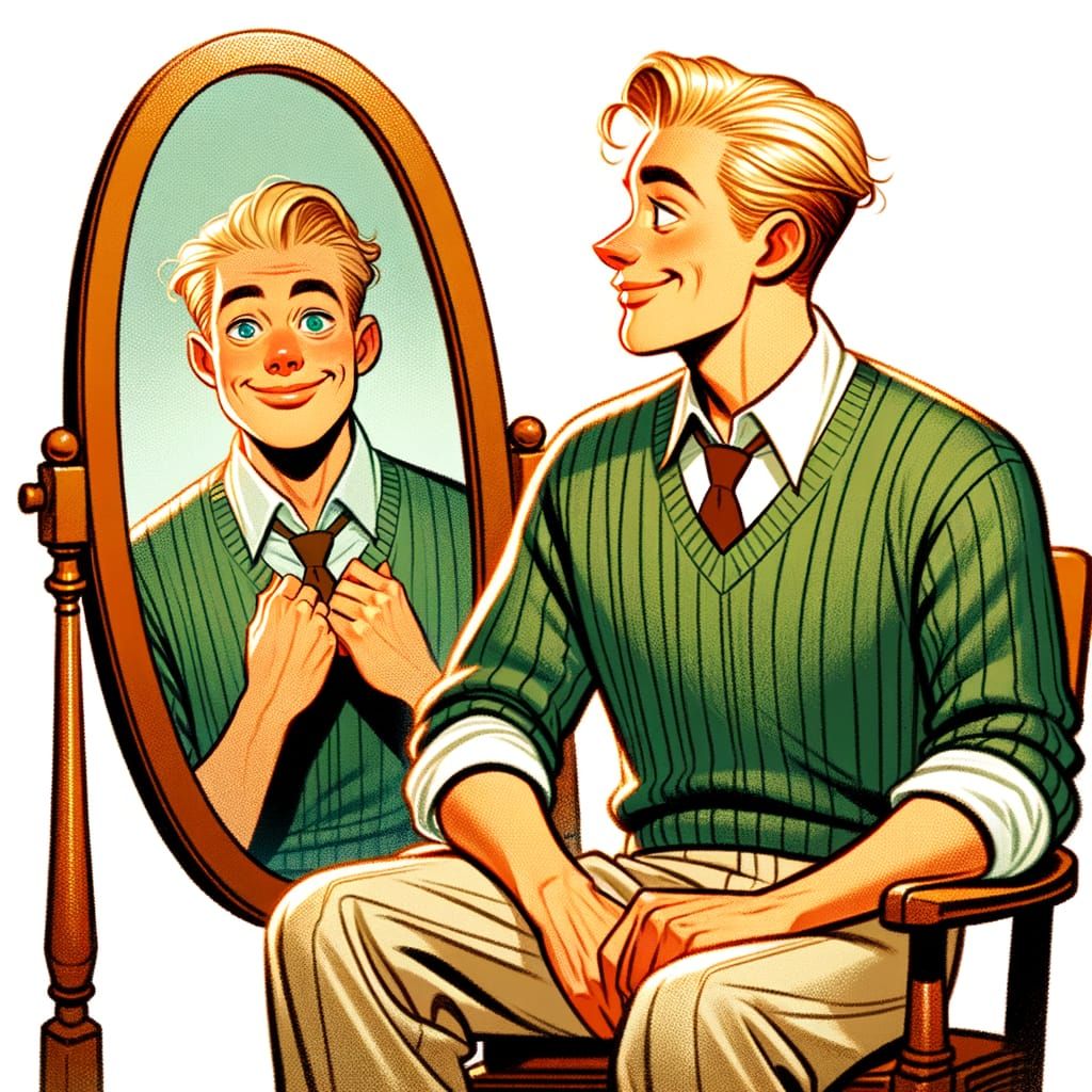 Man Admiring Reflection in Early 20th Century Style