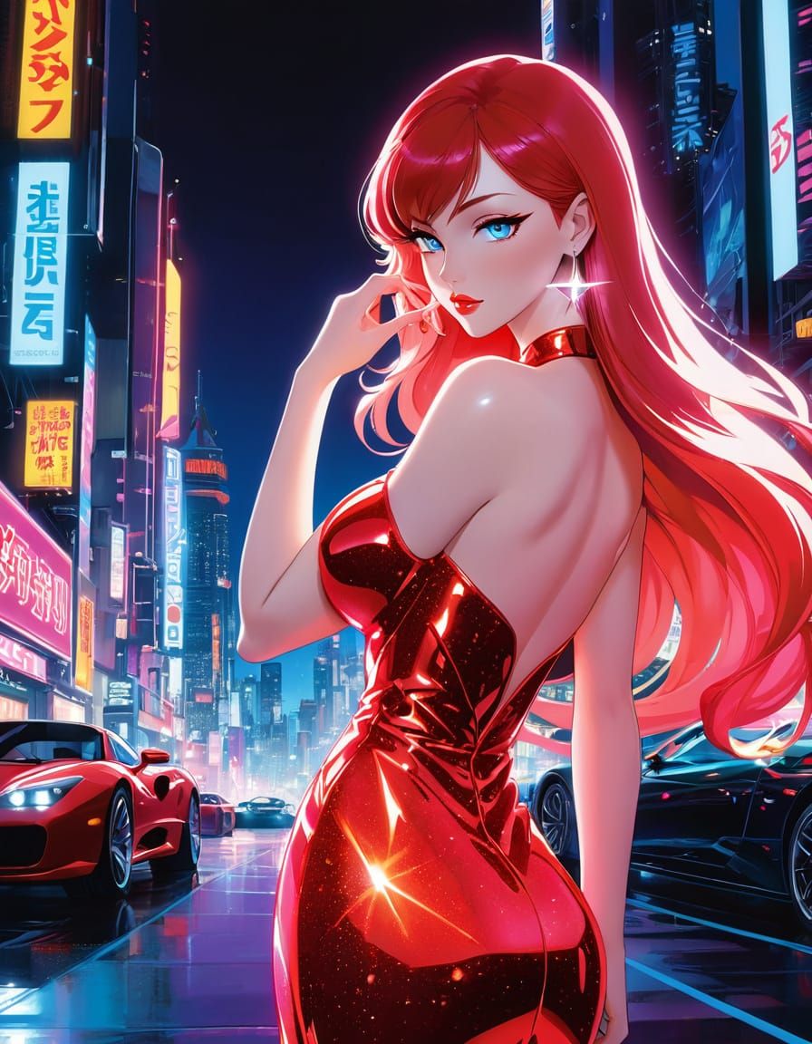 Elegant Anime Goddess in Neon Cityscape