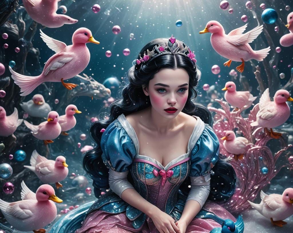 Hyperrealistic Space Mermaid with Ducks and Sparkles