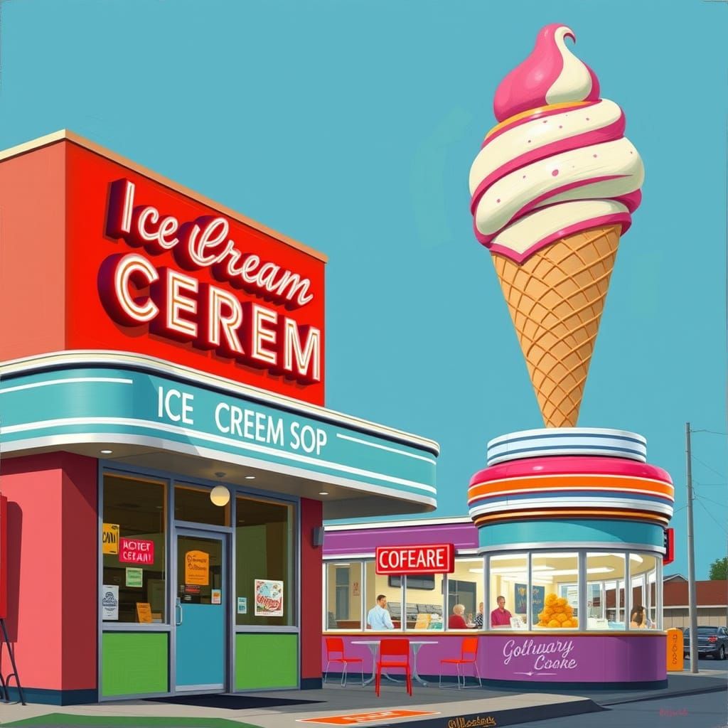 Retro Ice Cream Shop with Neon Signage, Pop Art Style