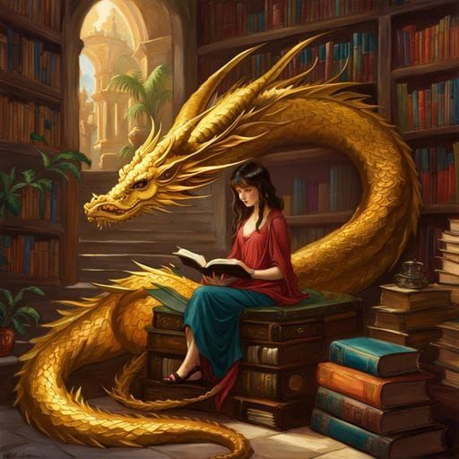 Golden Dragon Reads in Library, Waterhouse Style