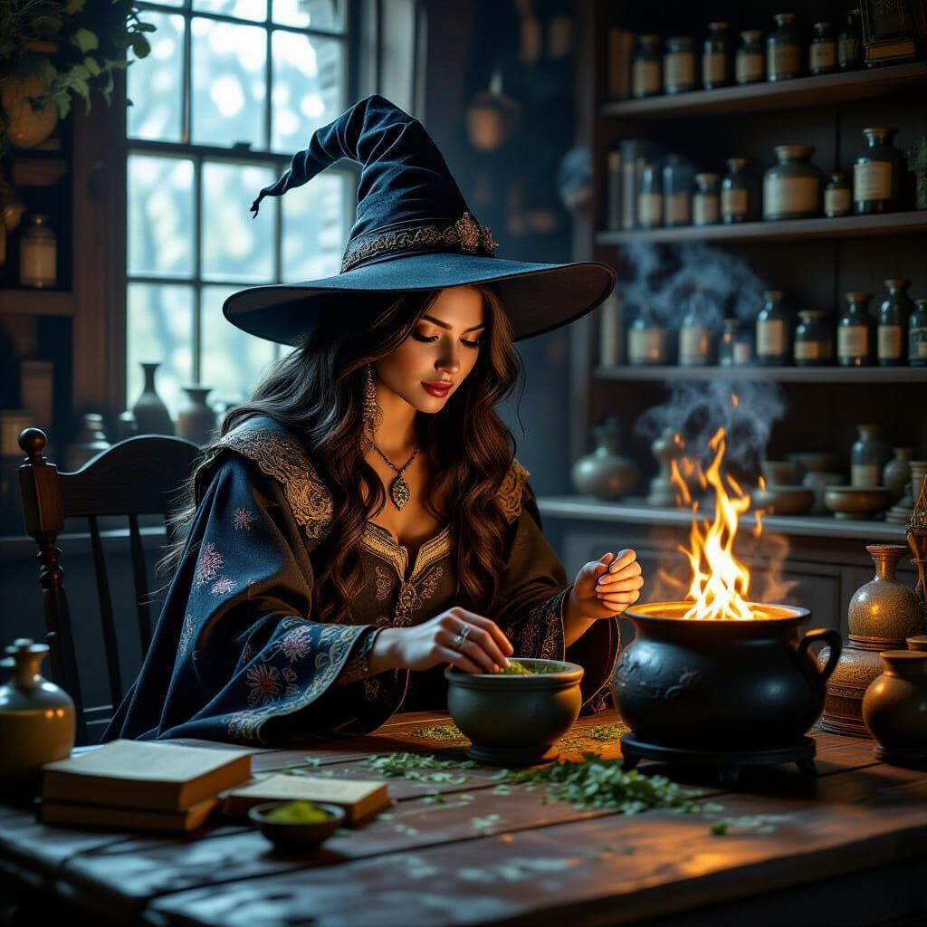 Whimsical Witch in Cozy Apothecary, Hyperrealistic Illustrat...