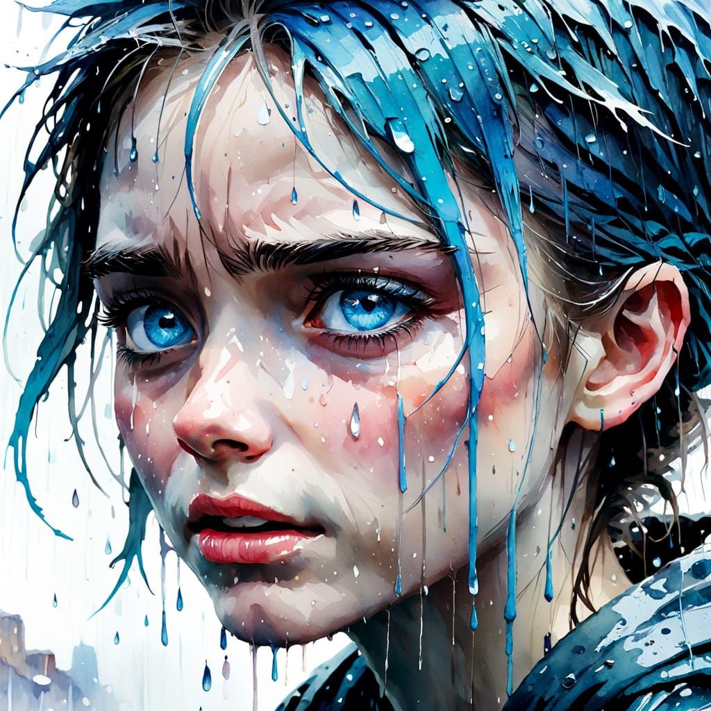 Watercolor Portrait of a Dreamy Figure Crying in the Rain