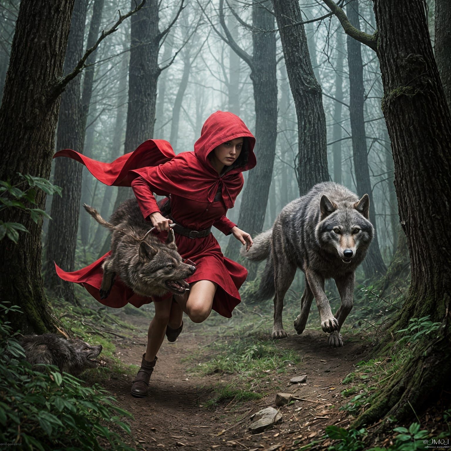 Hyperrealistic Red Riding Hood Chases Wolf