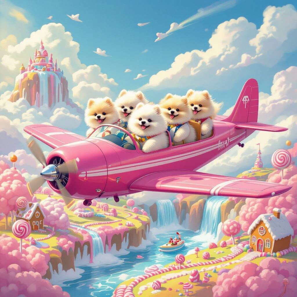 Pomeranian Pilots Fly Pink Plane Over Candy Land