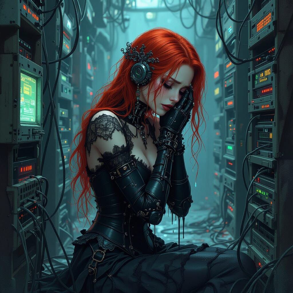 Melancholic Gothic Cyborg Weeping in Server Room