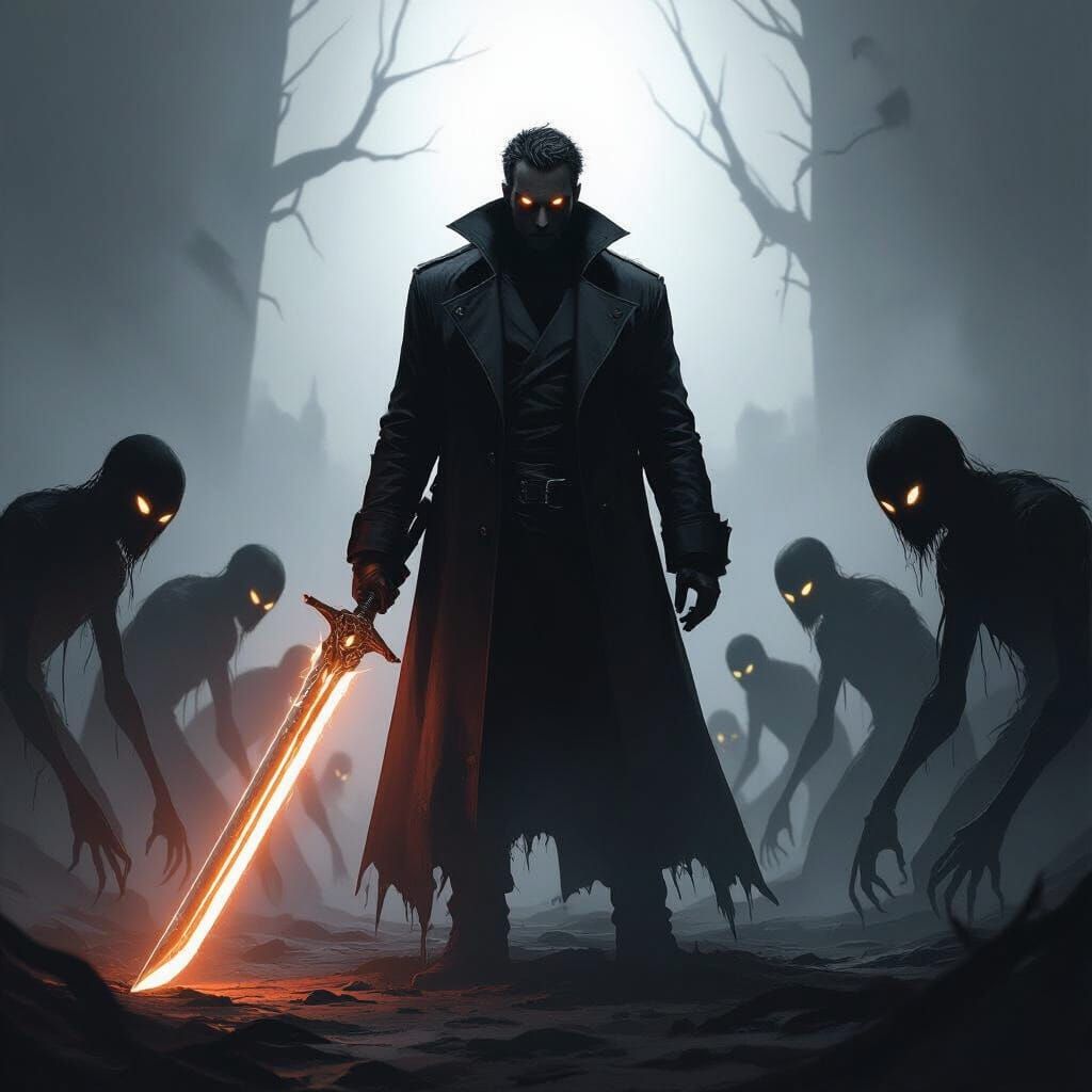 Man with Glowing Sword Fights Shadow Creatures in Dark Atmos...