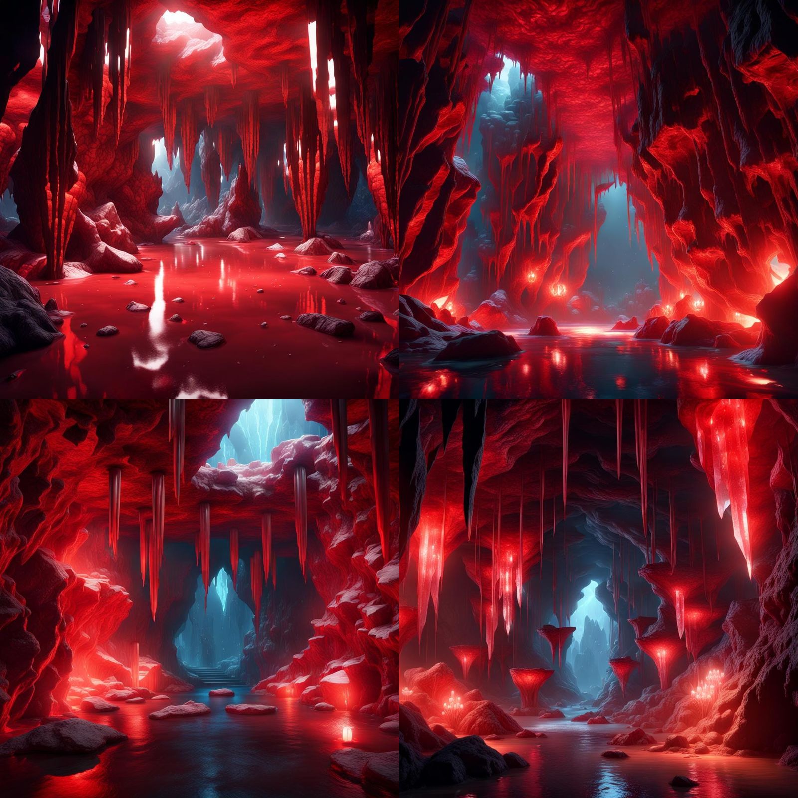 A beautiful, sparkling underground crystal cave system that are shiny and glow with a beautiful red colour. there are gl...