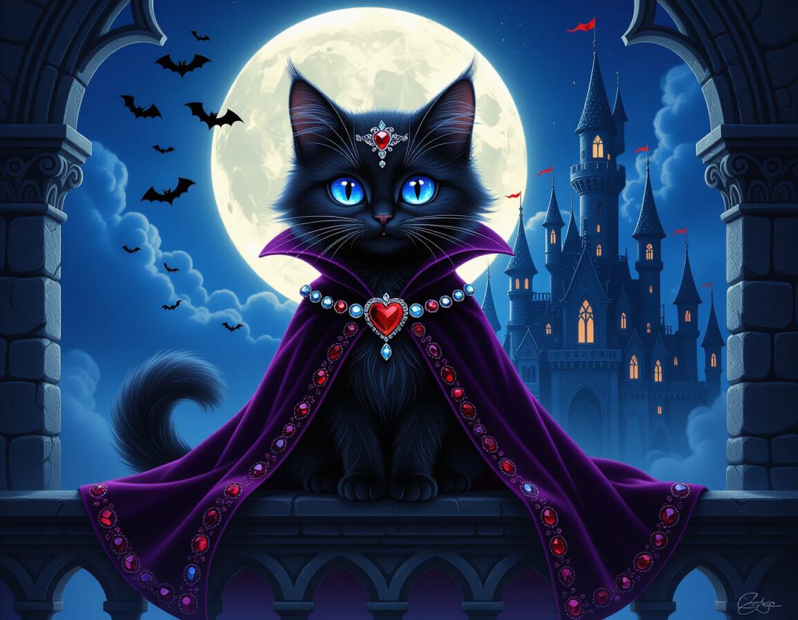 Fantasy Cat on Gothic Balcony Under Moon Eclipse