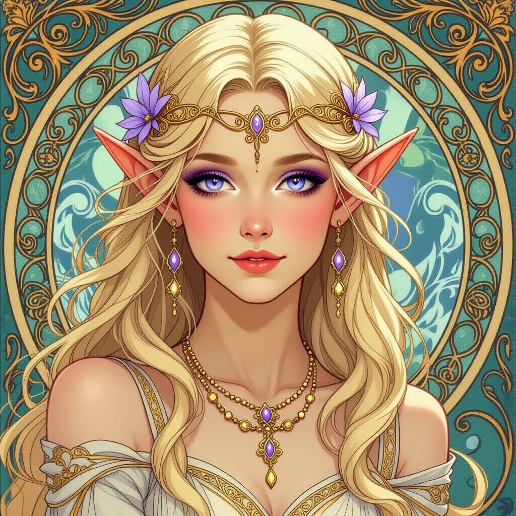Blonde Elf with Lavender Eyes in Art Nouveau Style