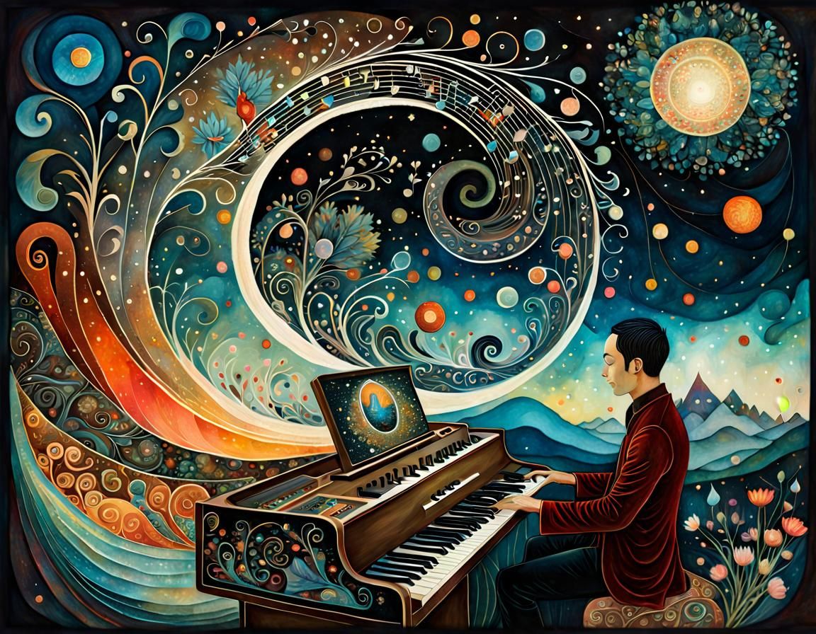 Heavenly Music: Whimsical Keyboard Art in Dark Folk Style