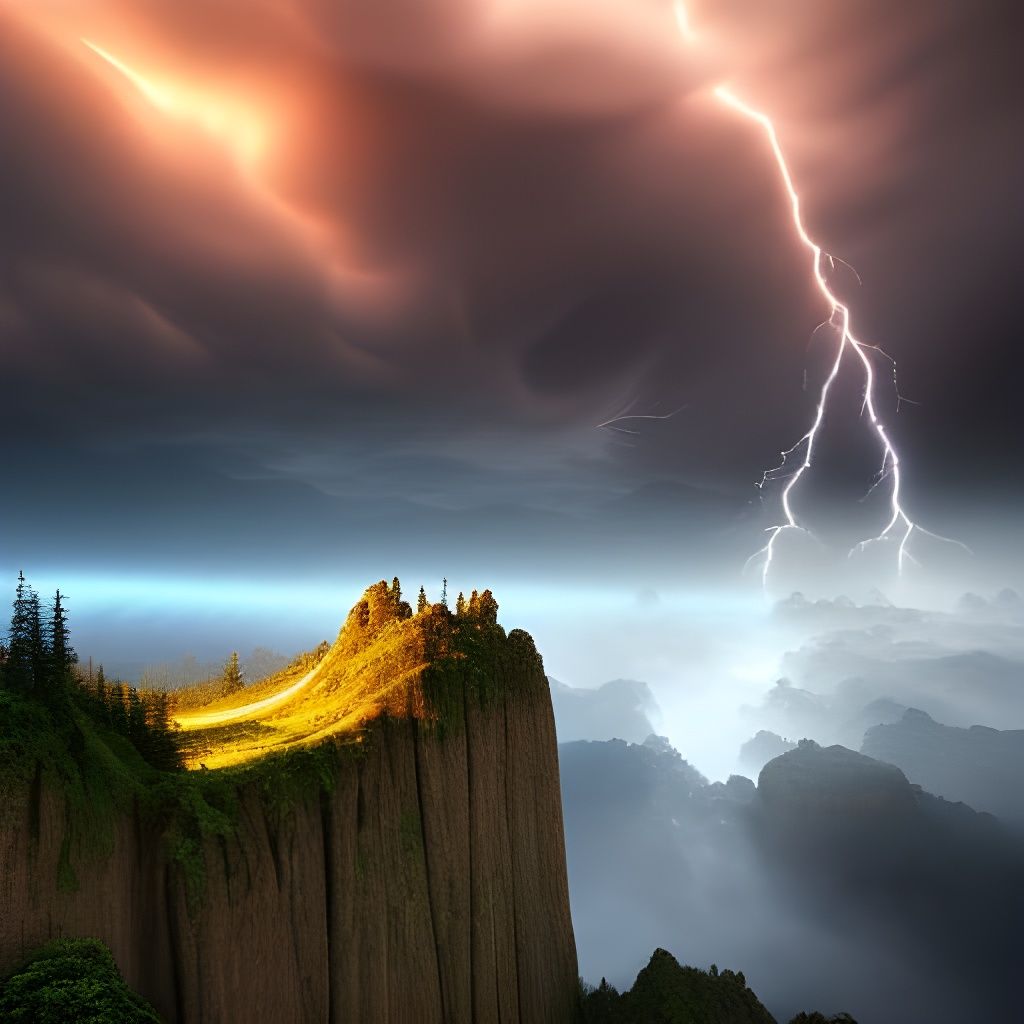 Dramatic Thunderbolt Strike Over Lake as Digital Painting