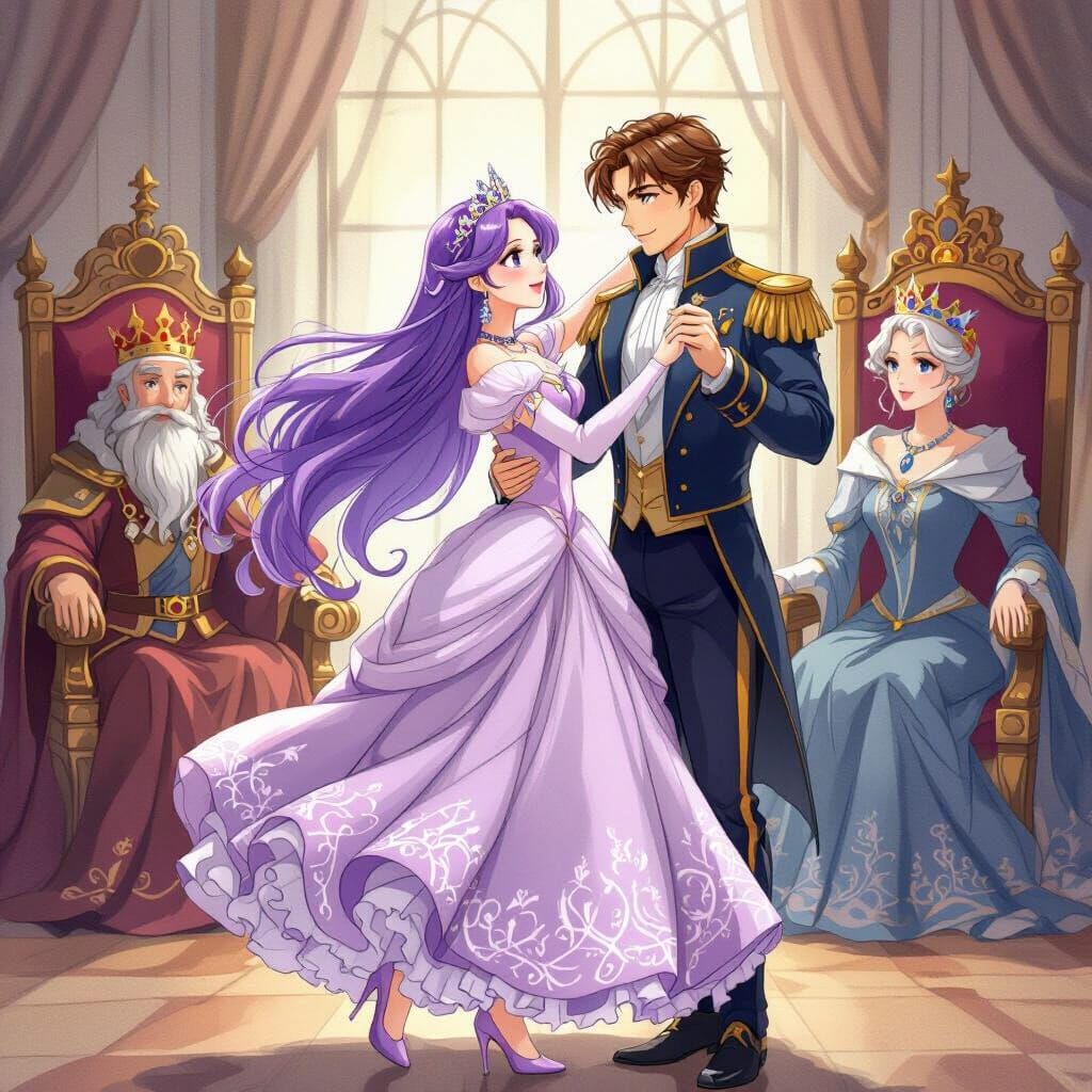 Anime Princess and Prince Dancing in Ballroom