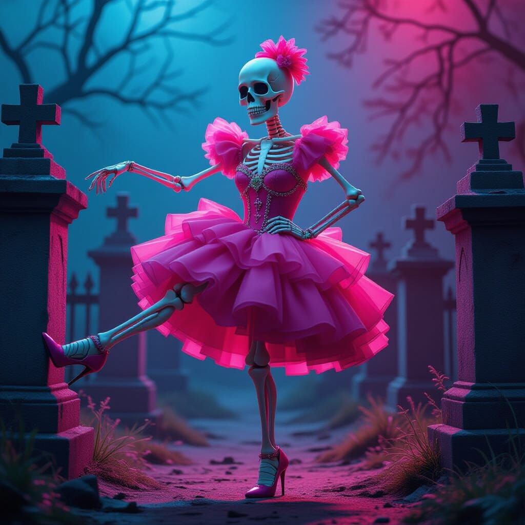 Skeleton in Pink Dress Posing in Graveyard