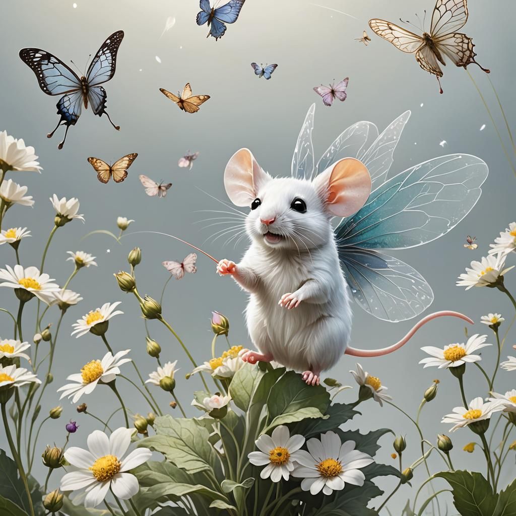 White Mouse with Fairy Wings Above Flower
