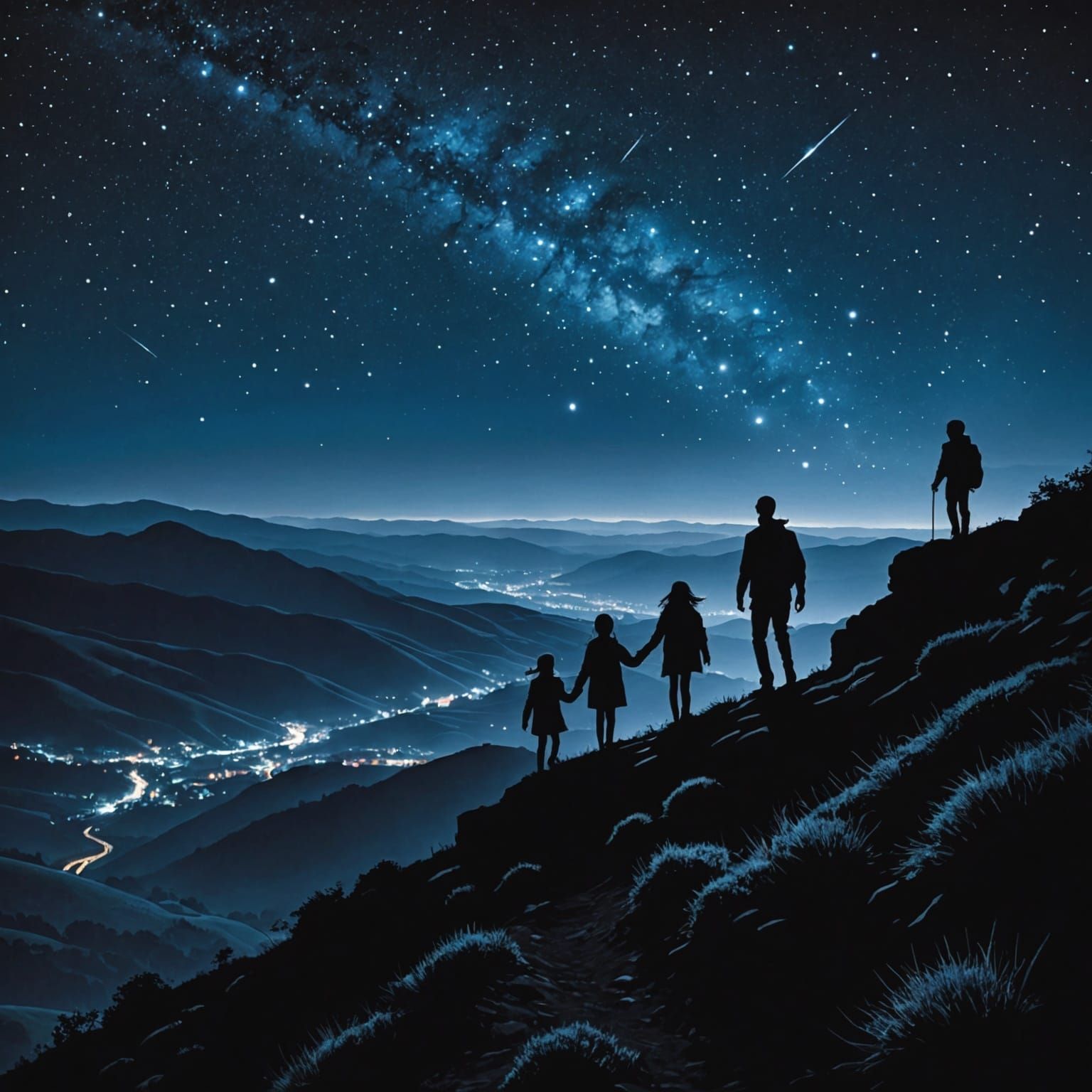 Silhouetted Family Walking Towards Starry Horizon