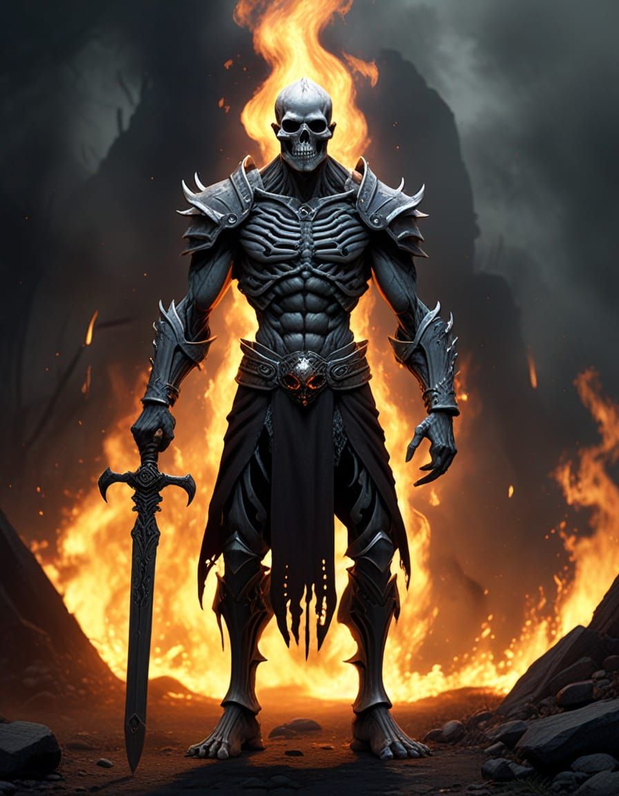 Skeletal Warrior Wields Blazing Elemental Sword