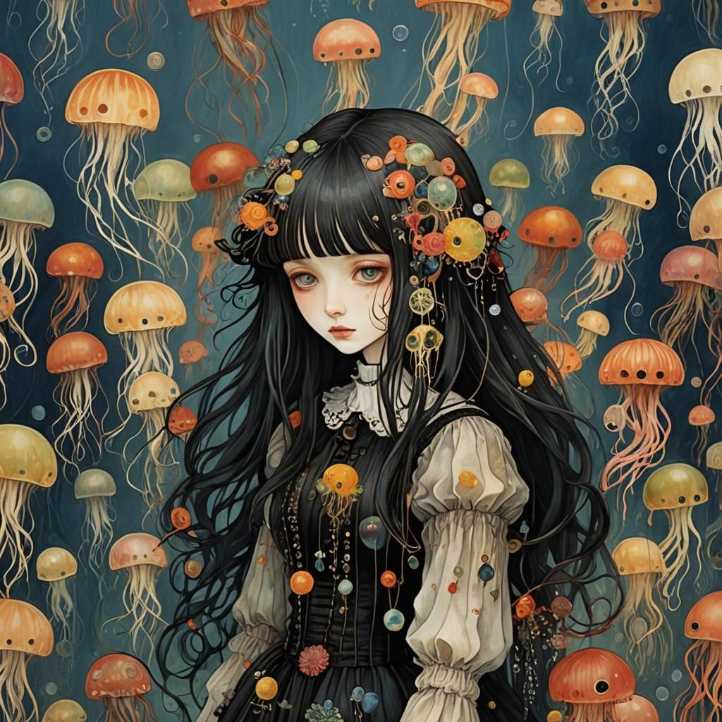 Surreal Anime Jellyfish Girl, Art Nouveau Style