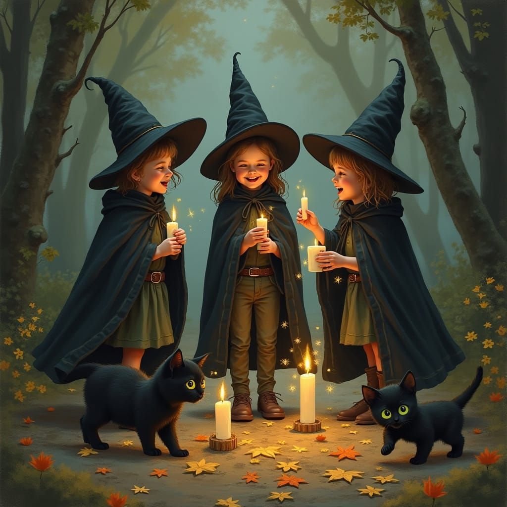 Whimsical Witches Play with Fae Kittens in Enchanted Forest