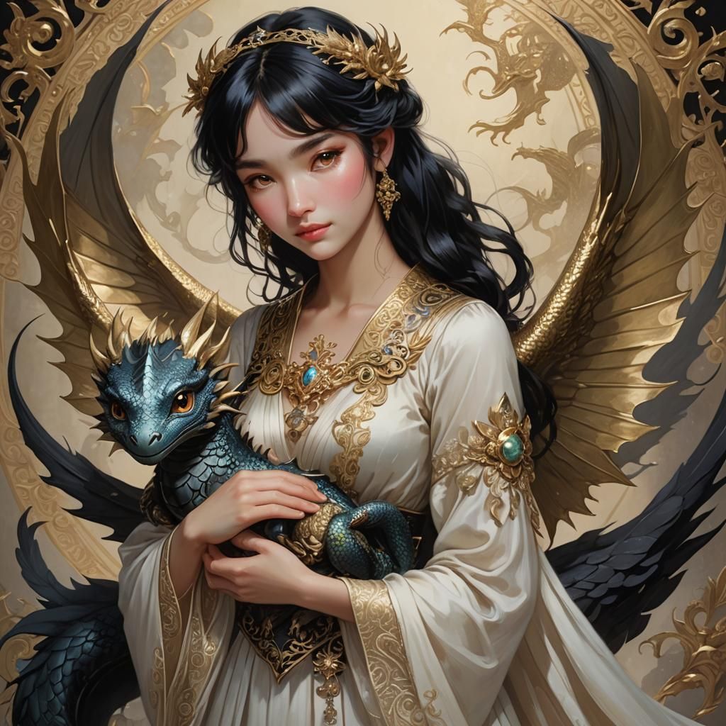 Girl Cradling a Golden Dragon in Sunlight