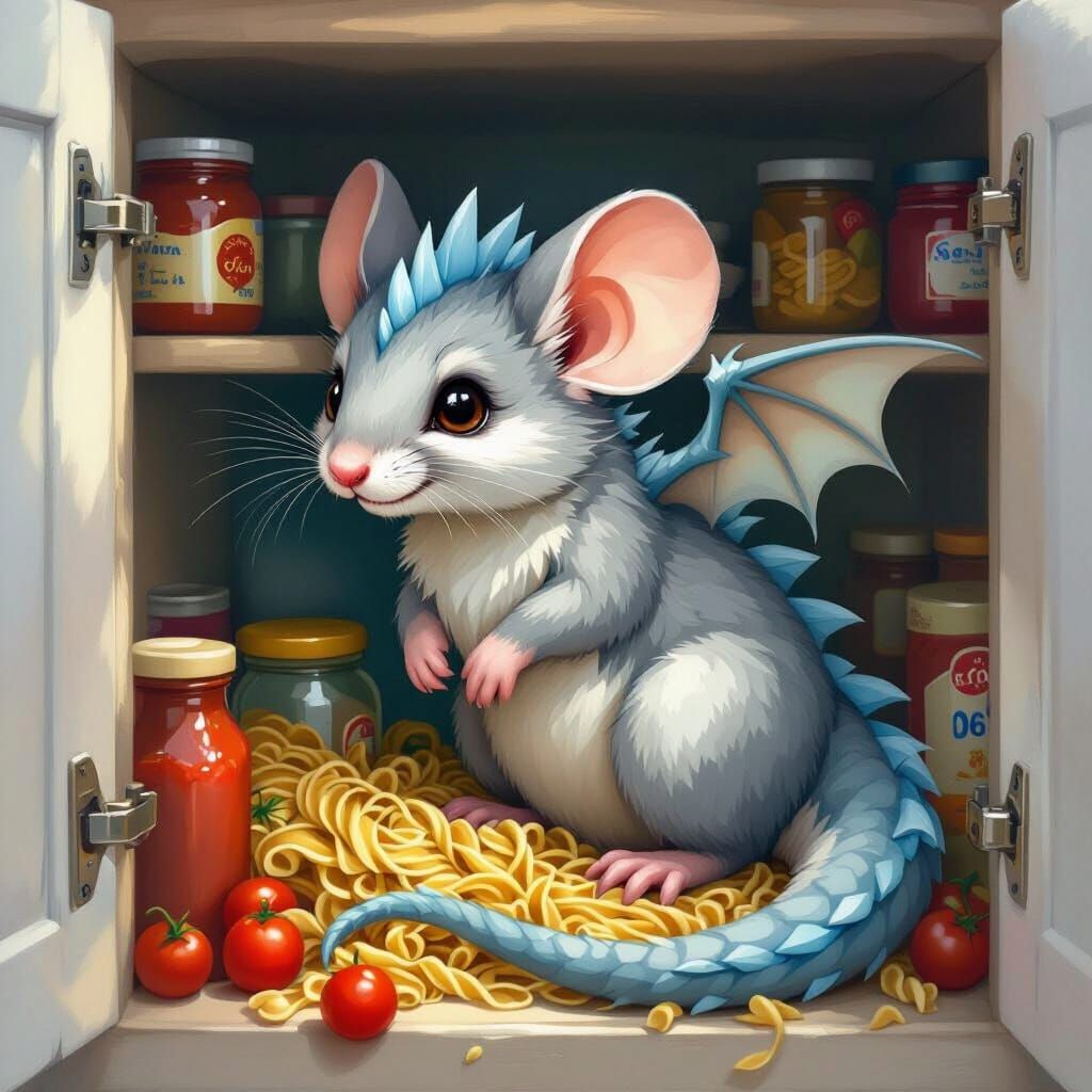 Whimsical Mouse-Dragon Hybrid Hiding in Kitchen
