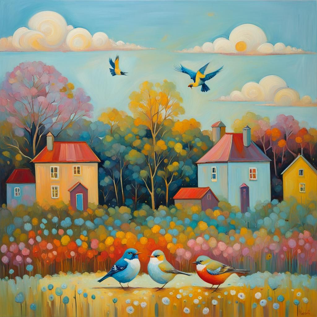 Cute Birds in Neo-Impressionist Oil Painting