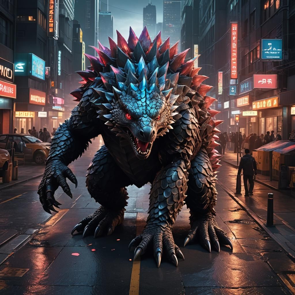 Sci-Fi Godzilla Pangolin Rises in Neon City
