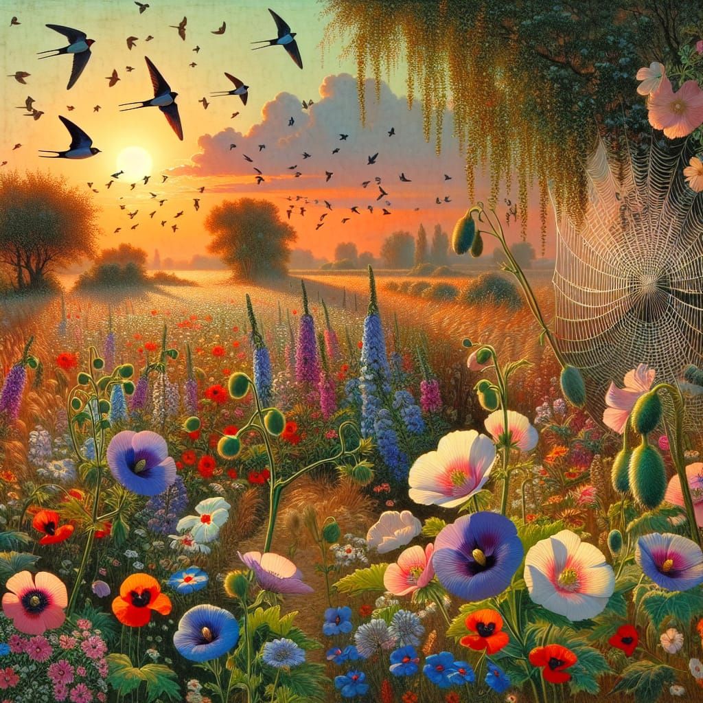 Evening Countryside with Wildflowers and Swallows