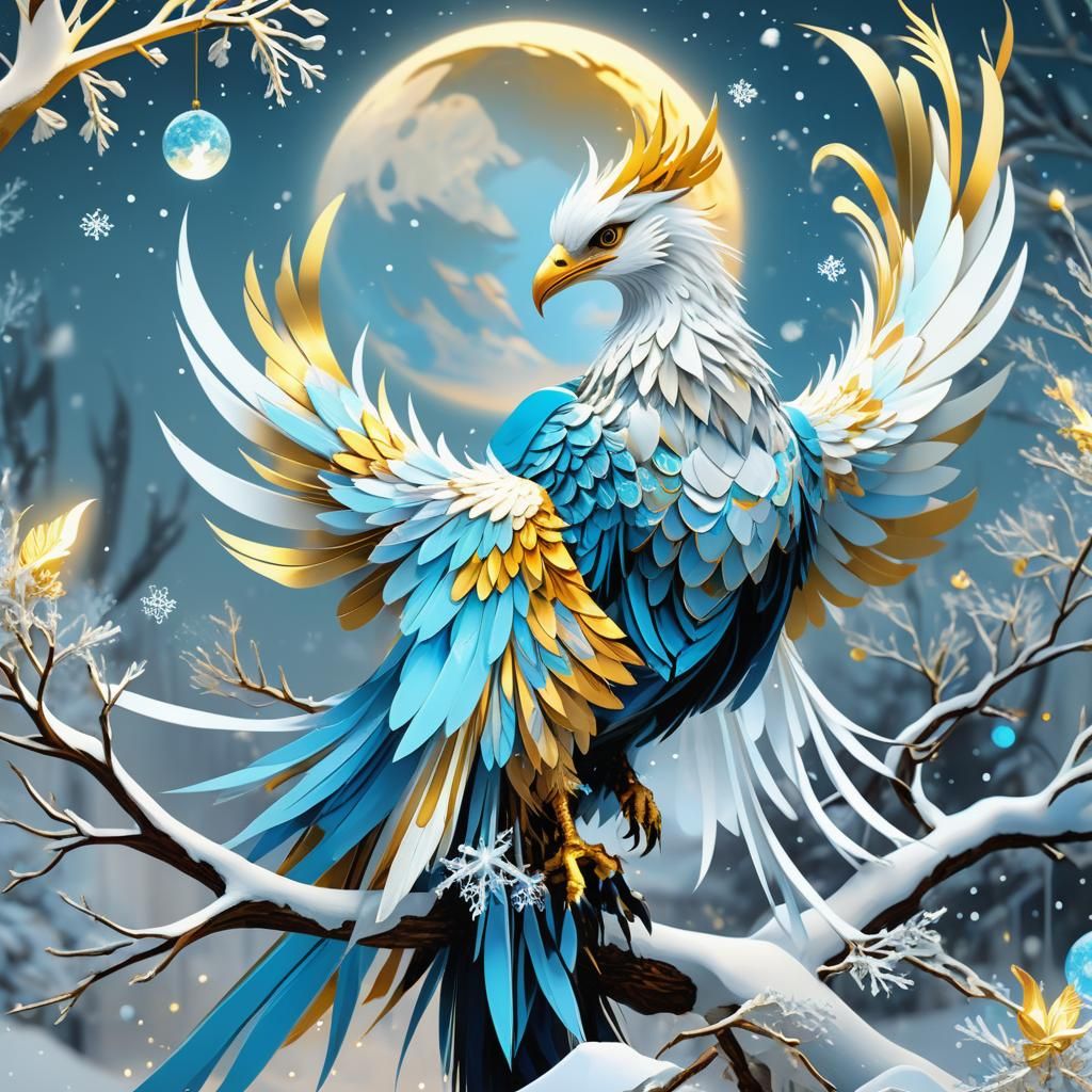 Low-Poly Phoenix in Winter Wonderland Artwork