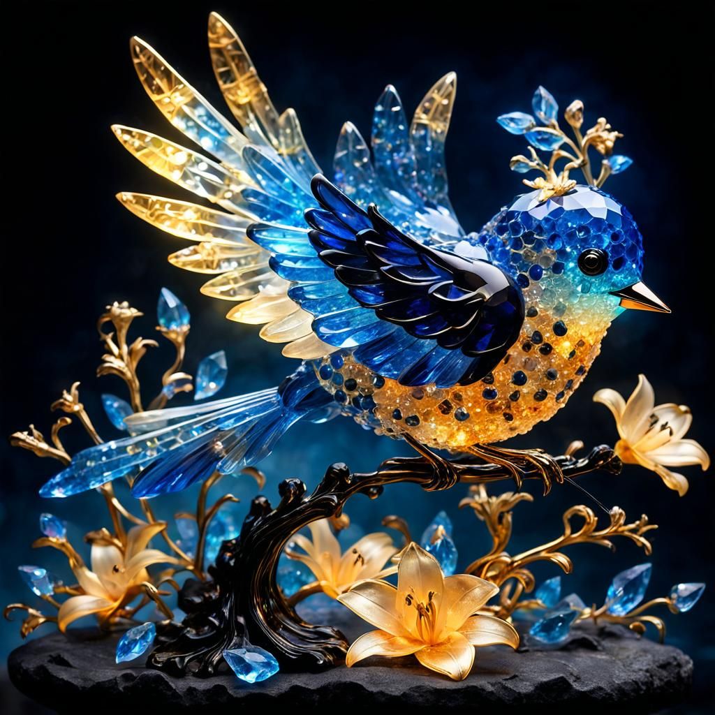 Crystallized Bird on Lily Pad: Fantasy Art
