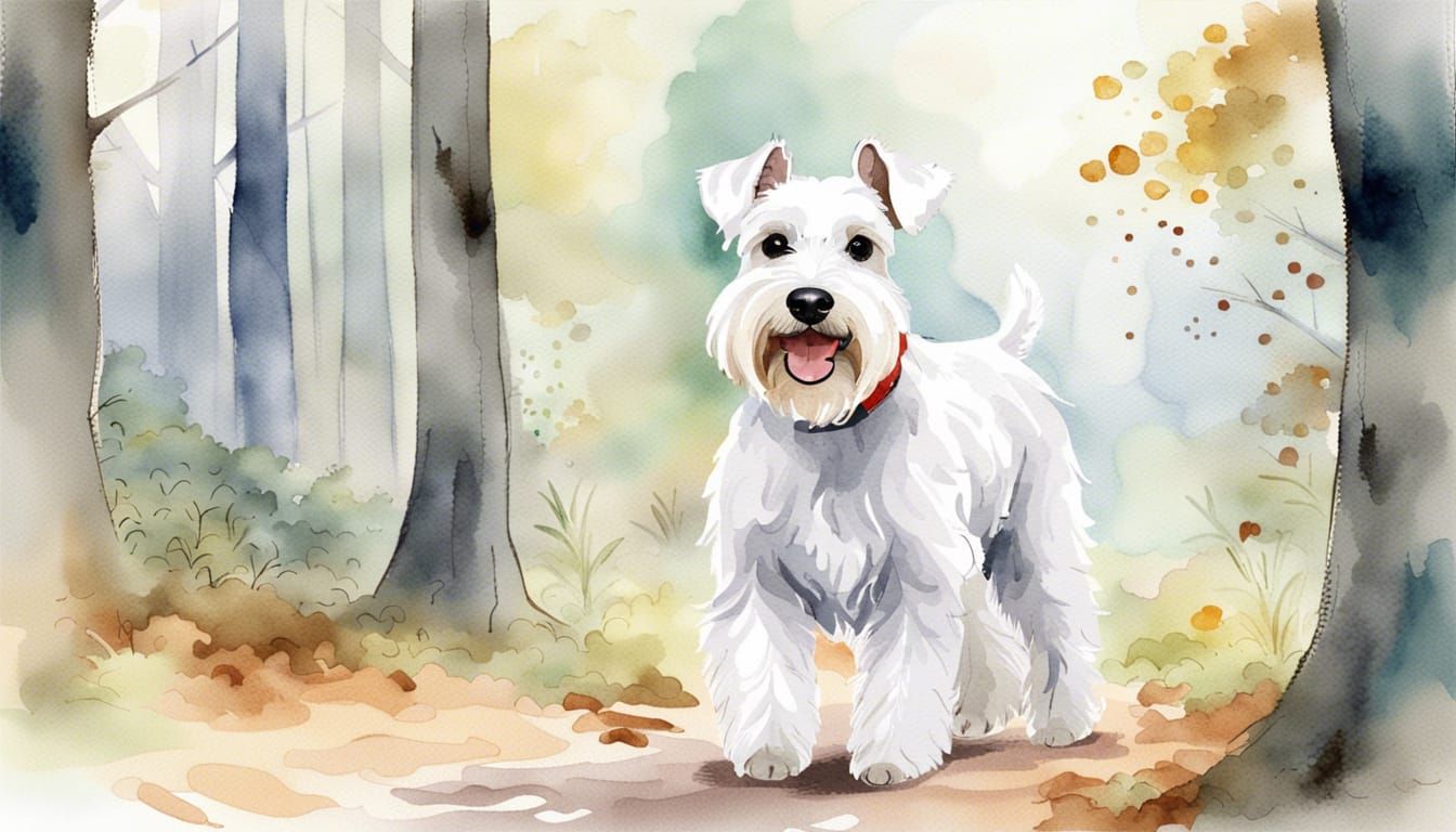 Happy Schnauzer in Forest: Watercolor Storybook Style
