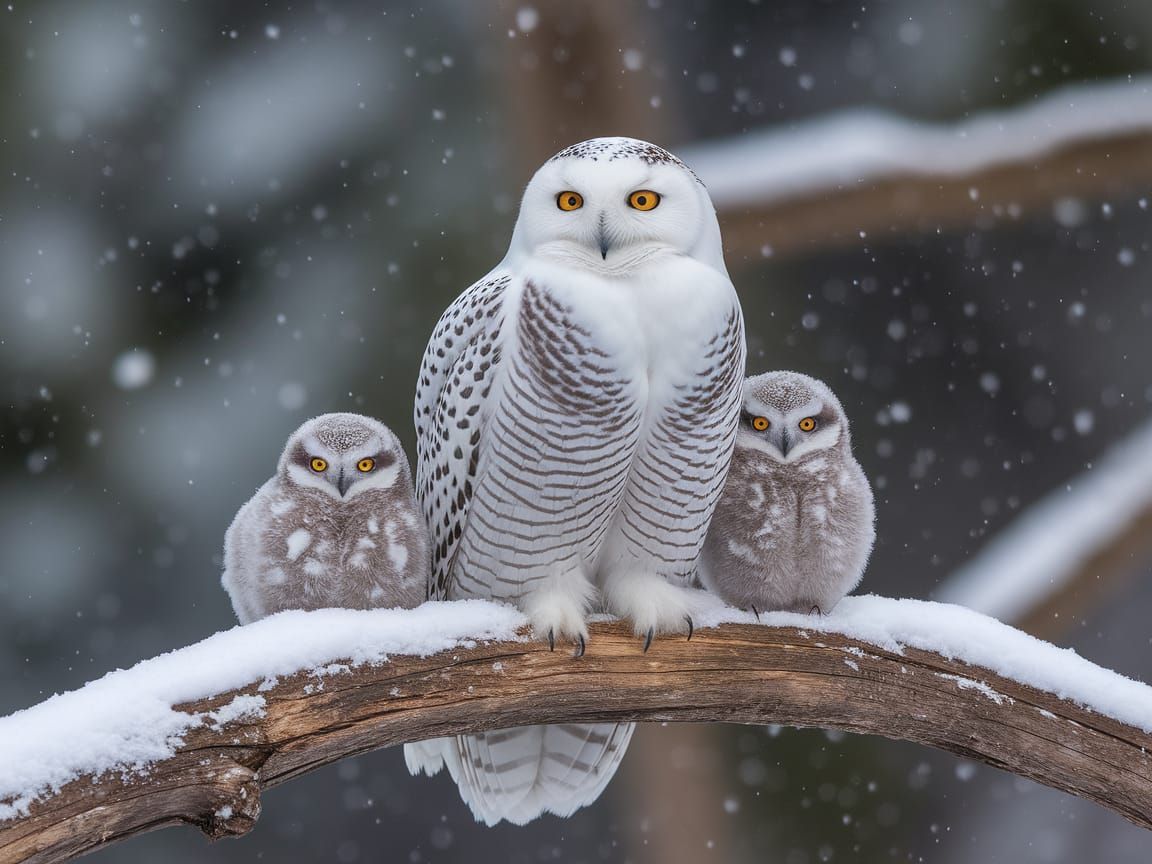 Snowy Owl Protects Fluffy Owlets in Winter Wonderland