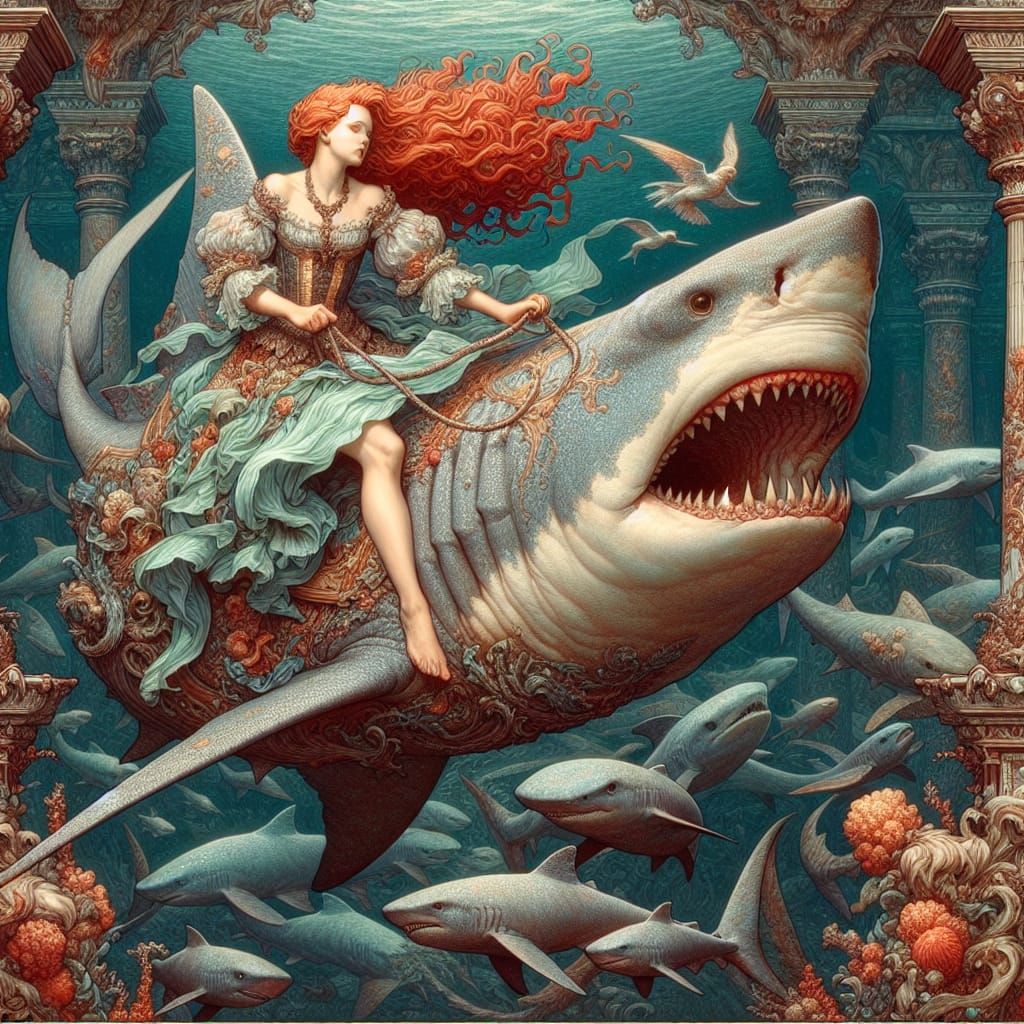 Atlantis Rococo: Redhead Rides Shark in Underwater Kingdom