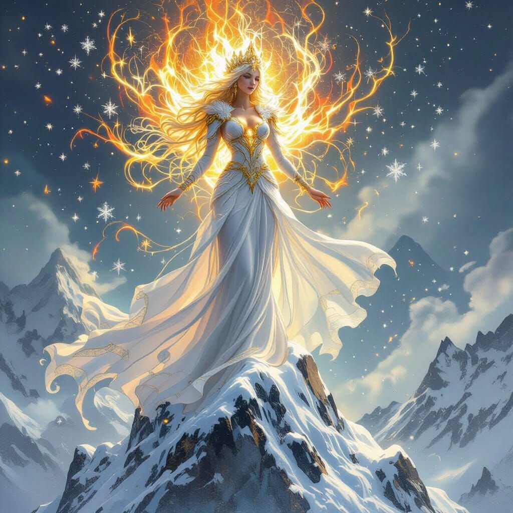 Elemental Goddess on Crystal Peak, Ethereal Fantasy Art