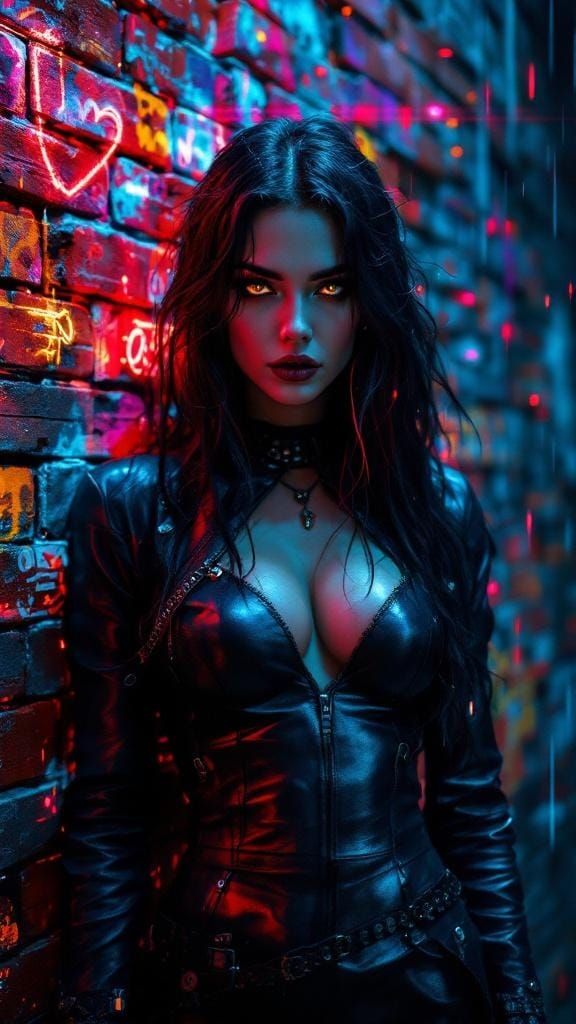 Cyberpunk Prophetess Before Quantum Graffiti Wall