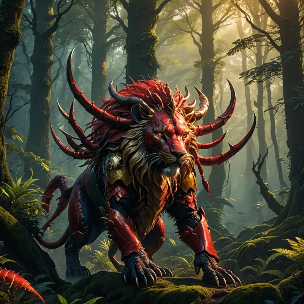 Mystical Red Lion-Lobster Fusion in Fantasy Forest