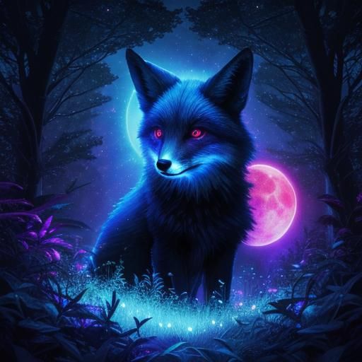 Fox Gazing at Red Moon in Dreamcore Style