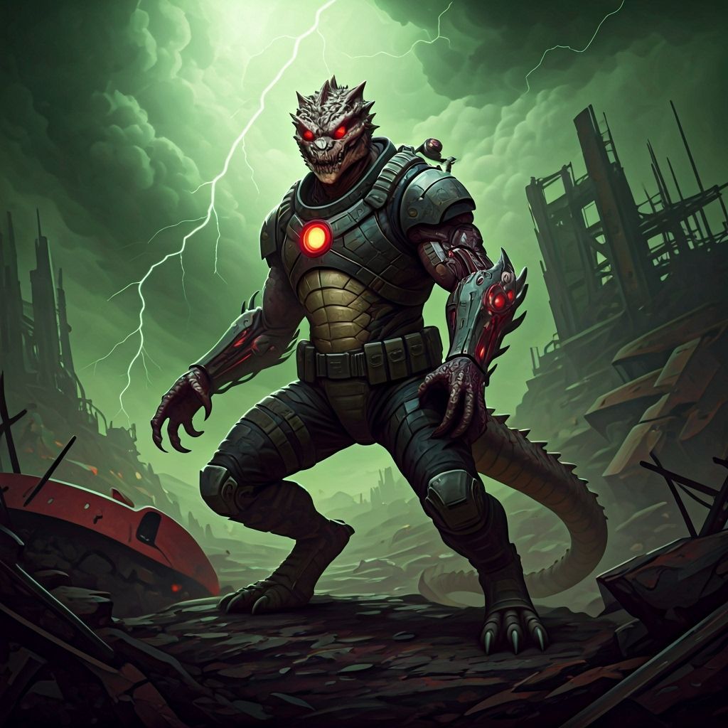 Menacing Reptilian Mutant in Sentinel Scrapyard, Digital Art