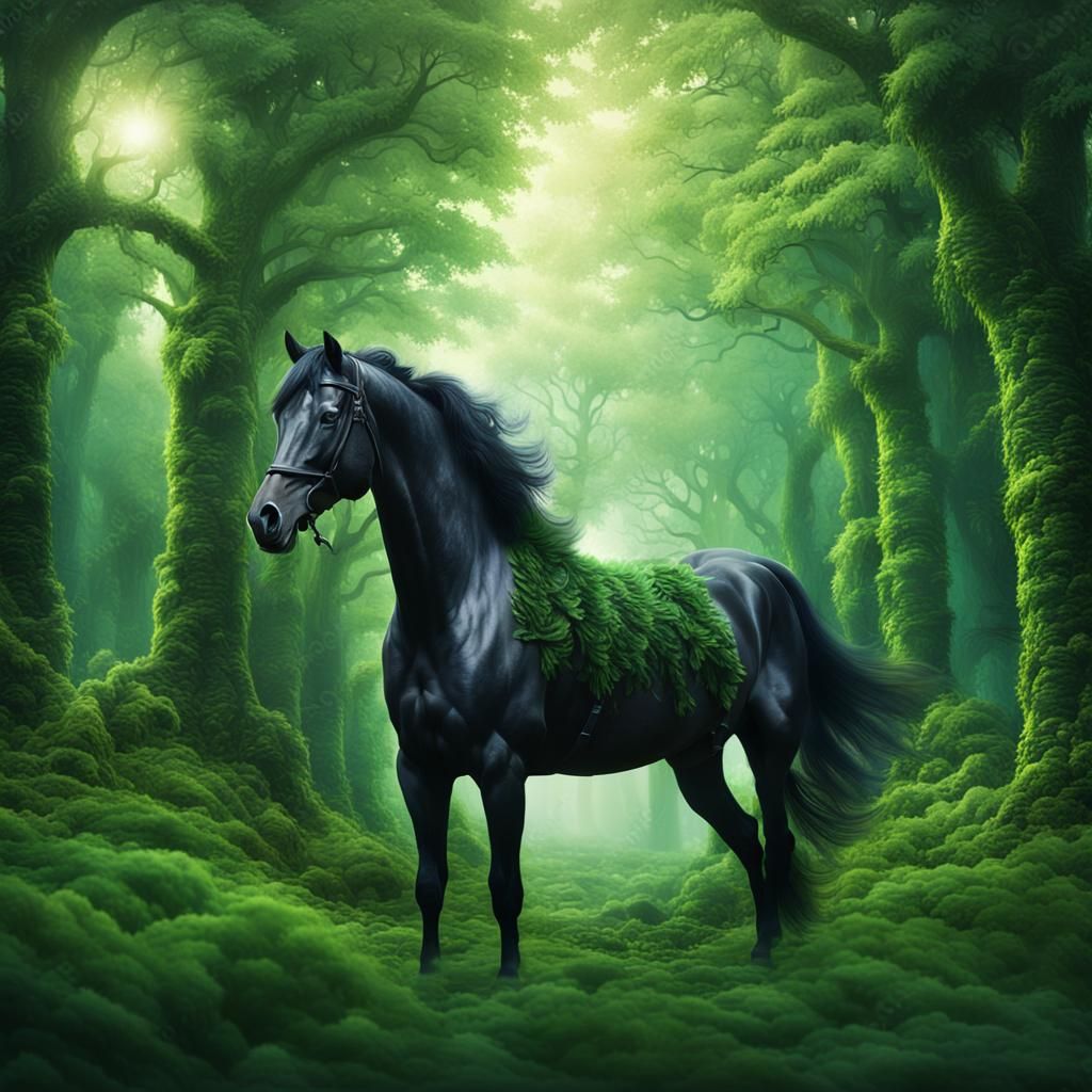 Dramatic Black Horse in Green Forest Digital Painting