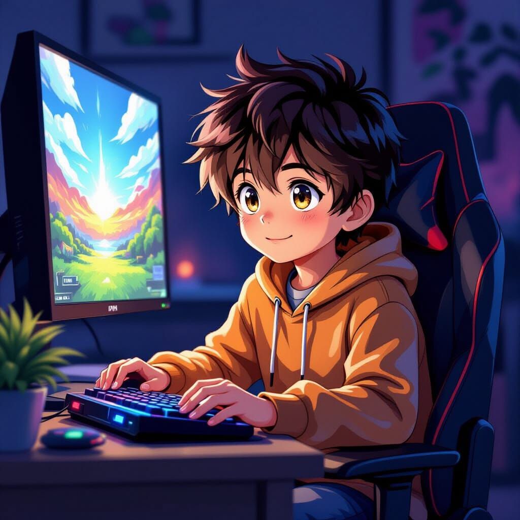 Boy Immersed in Video Game World