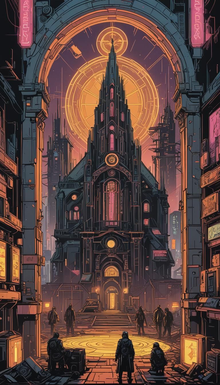 Three of Pentacles Tarot Card in Cyberpunk Style