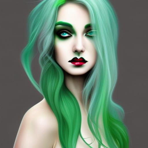 Pale Woman with Green Hair in Digital Painting