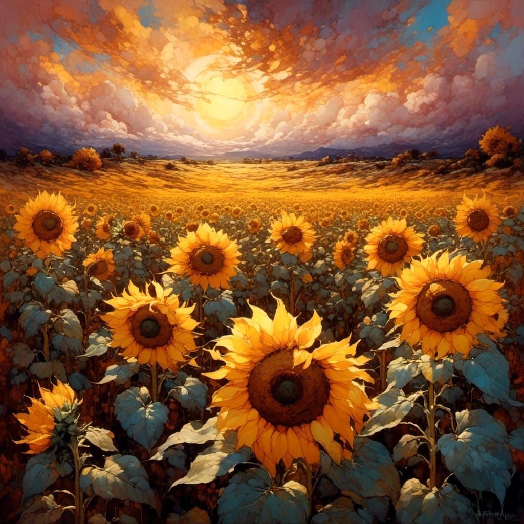 Golden Sunflowers Field at Sunset with Abstract Movement