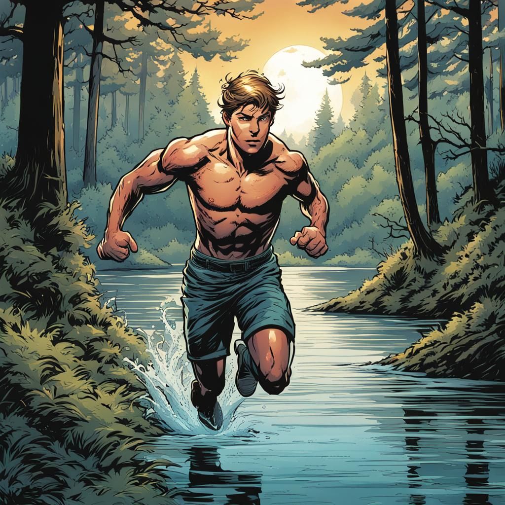 Boys Leap into Lake: Comic Book Art