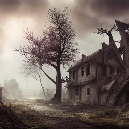 Post-Apocalyptic Village Ruins in Gloomy Landscape