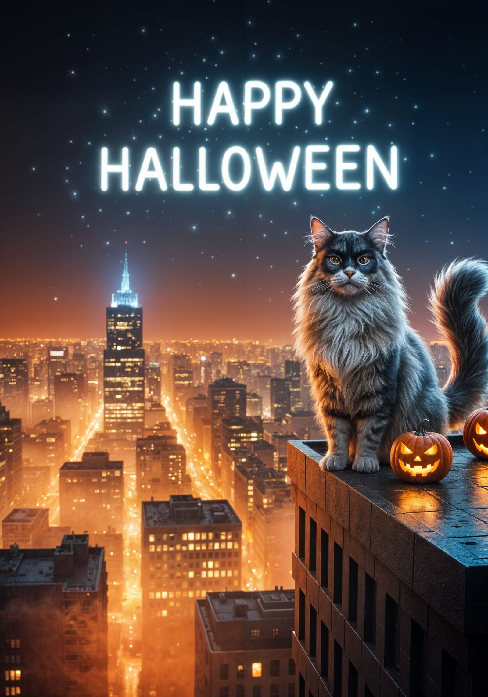 Heroic Cat Overlooking Glowing City on Halloween Night